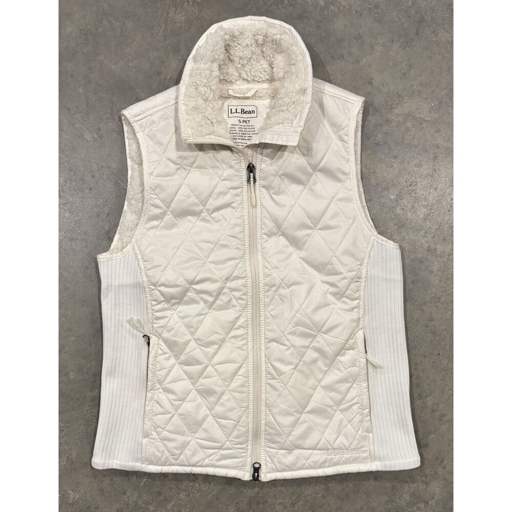 LL Bean Womens Small Petite Off White Full Zip Sherpa Lined Quilted Vest